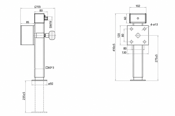 UNITRAILER JL2 extendable crank support for 1300kg flatbed trailer 410-645mm