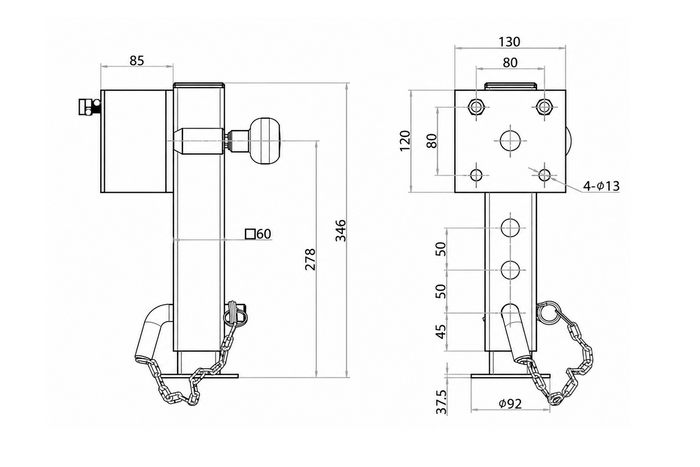 UNITRAILER JL1 extendable crank support for 1500kg flatbed trailer 346-576mm